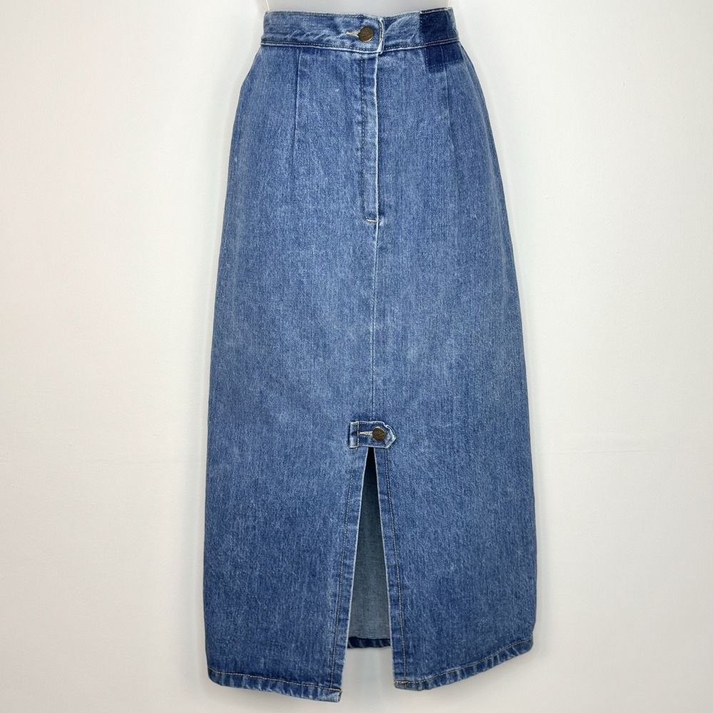 Vintage Blue Denim Maxi Skirt 9 XS Cotton Medium Wash Boho Festival Western 90s